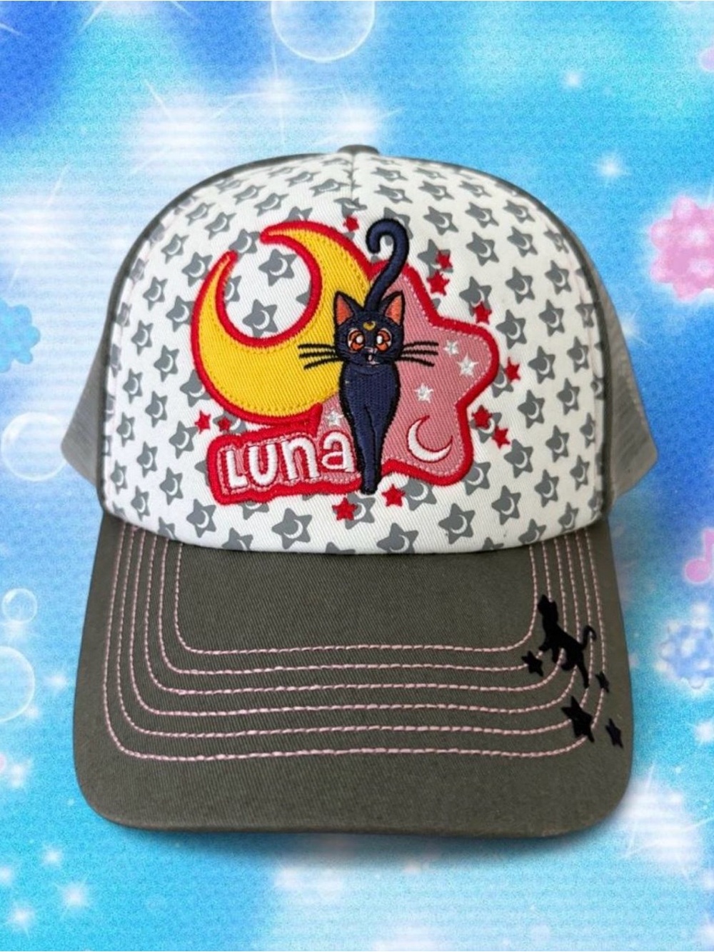 Sailor Moon Luna Embroidered Trucker Hat - Gray & Pink Mesh Adjustable Cap